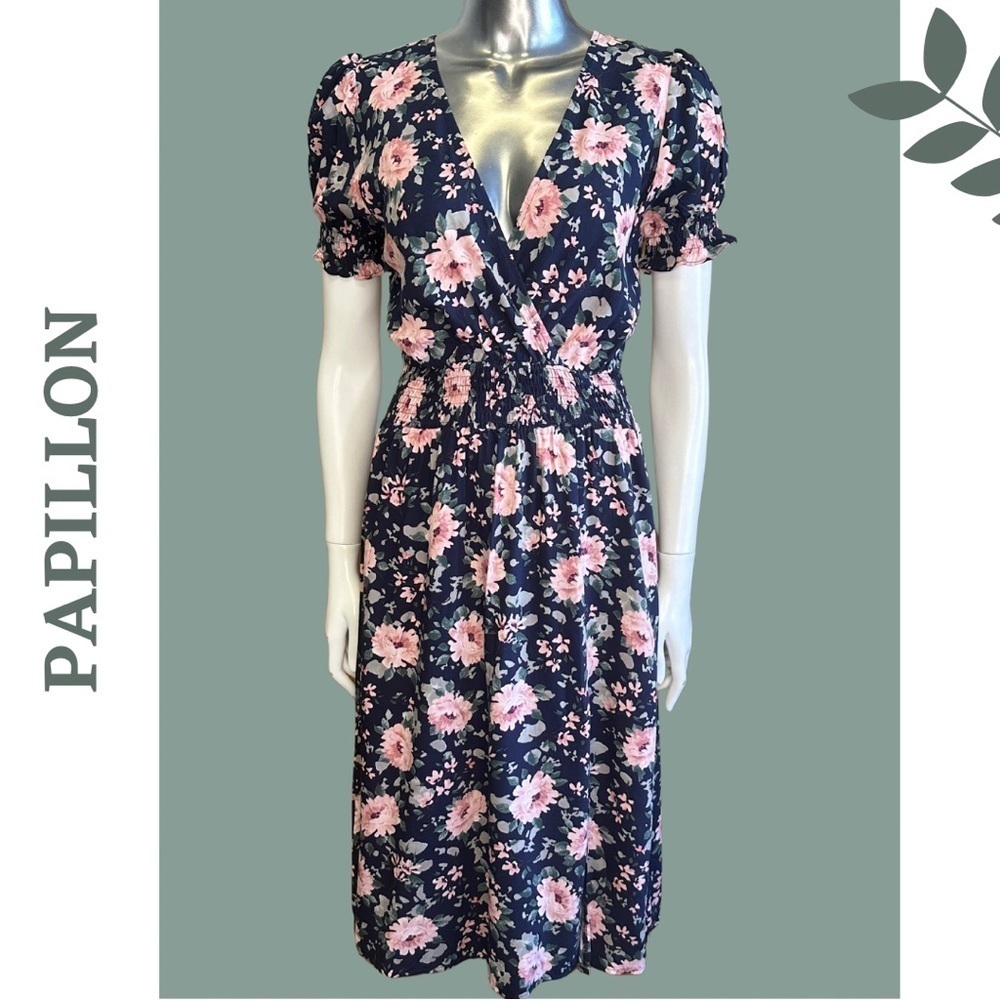 Papillon Puff Short Sleeve Floral Print Dress Elastoc Waist Pockets Navy Pink